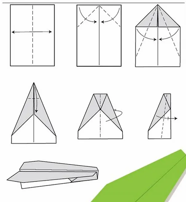 Diagramme de pliage d'un planeur en papier, étape par étape jusqu'à l'avion terminé